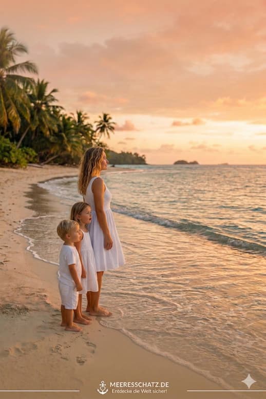 Mutter und Kinder am sicheren Strand – Sicher Urlaub machen 2026 Guide