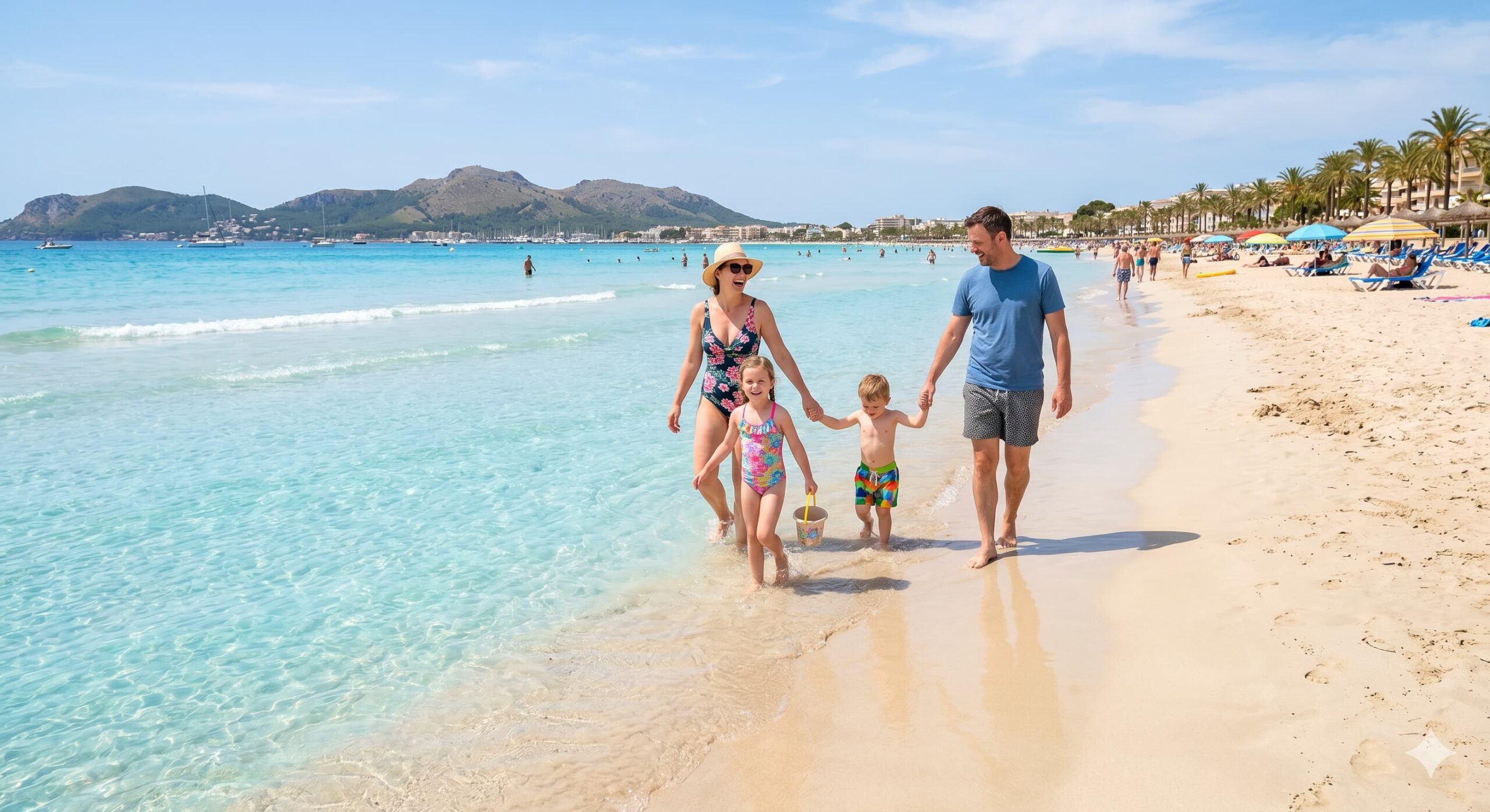 Flacher Sandstrand mit türkisblauem Wasser beim Familienurlaub in Alcúdia auf Mallorca