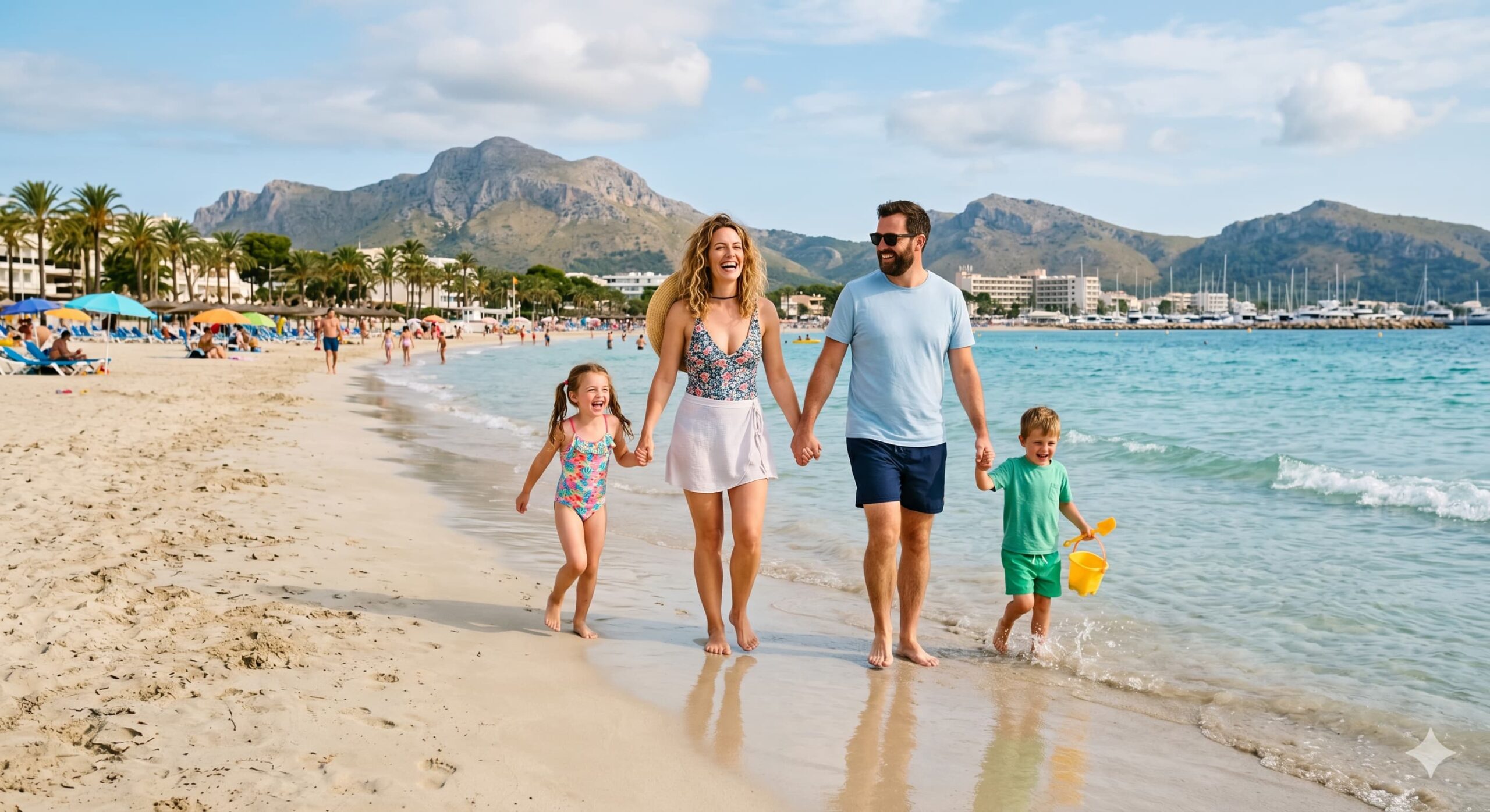 Glückliche Familie am Strand während des Familienurlaubs in Alcúdia