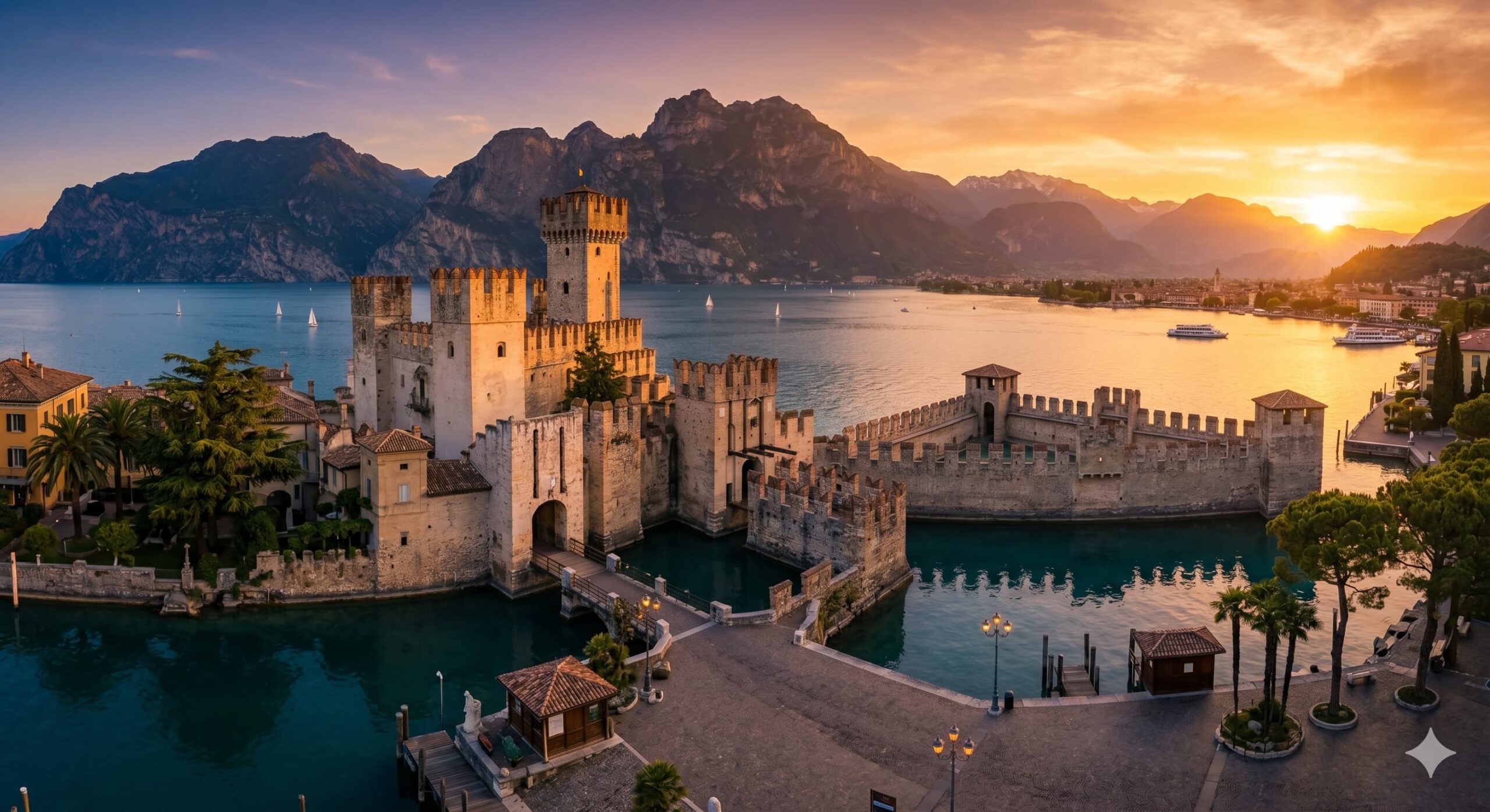 Die historische Wasserburg von Sirmione direkt am Ufer des Gardasees bei Sonnenuntergang