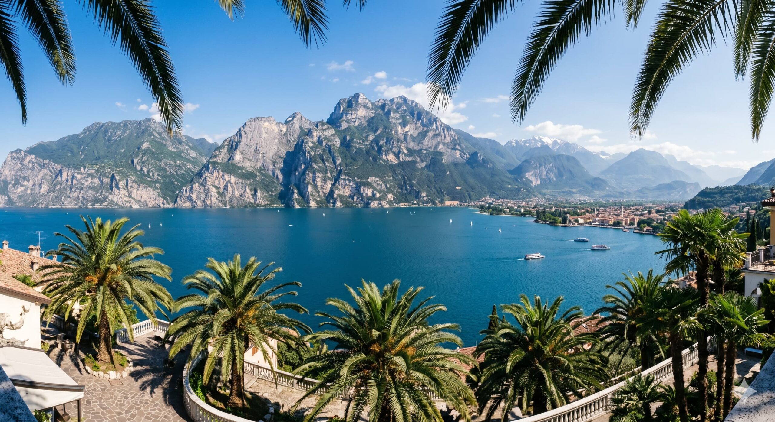 Blick über den tiefblauen Gardasee mit Palmen im Vordergrund und majestätischen Bergen im Hintergrund