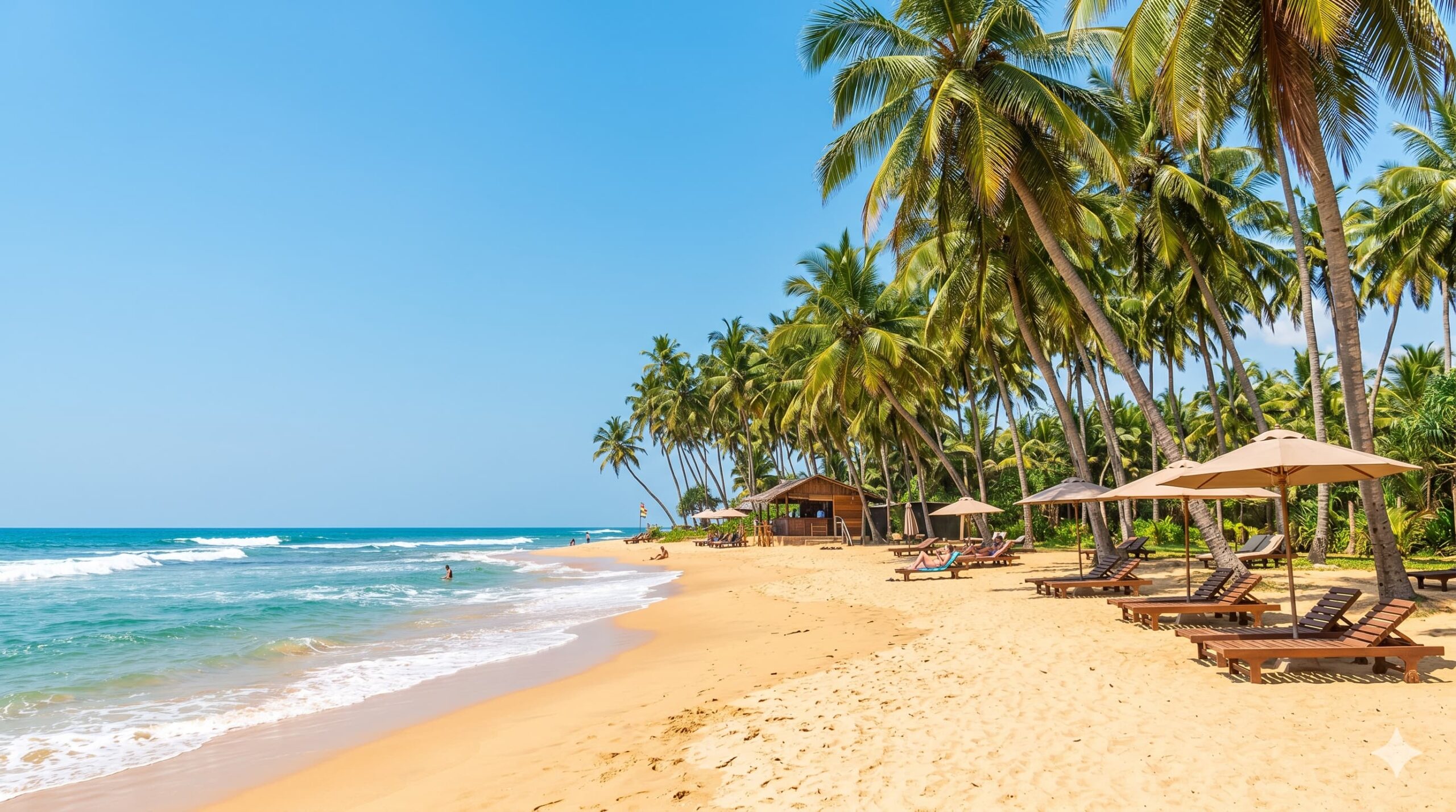 Goldgelber Strand mit Palmen beim Familienurlaub in Sri Lanka mit Kindern
