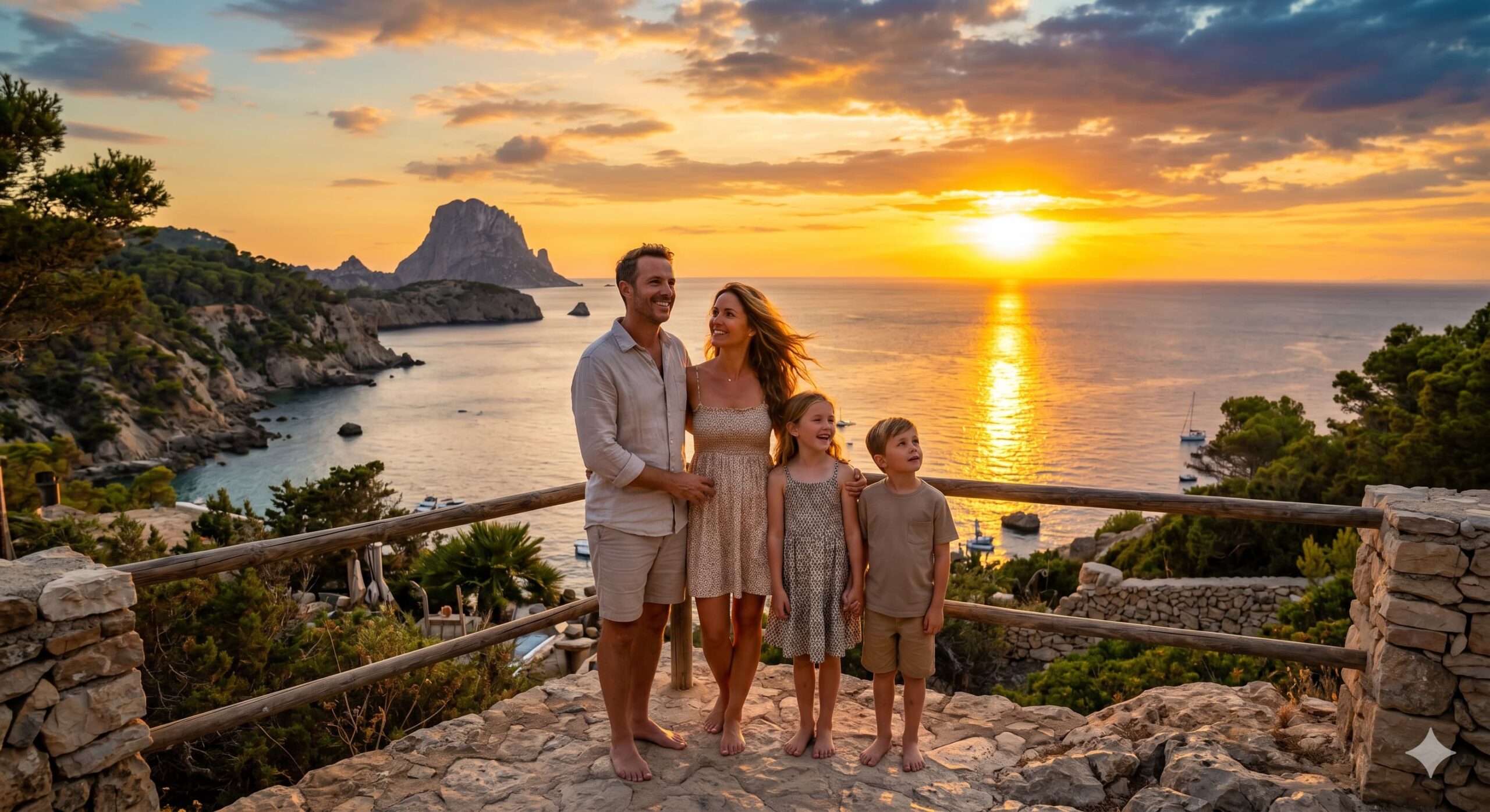 Glückliche Familie blickt beim Familienurlaub auf Ibiza in den goldenen Sonnenuntergang am Meer