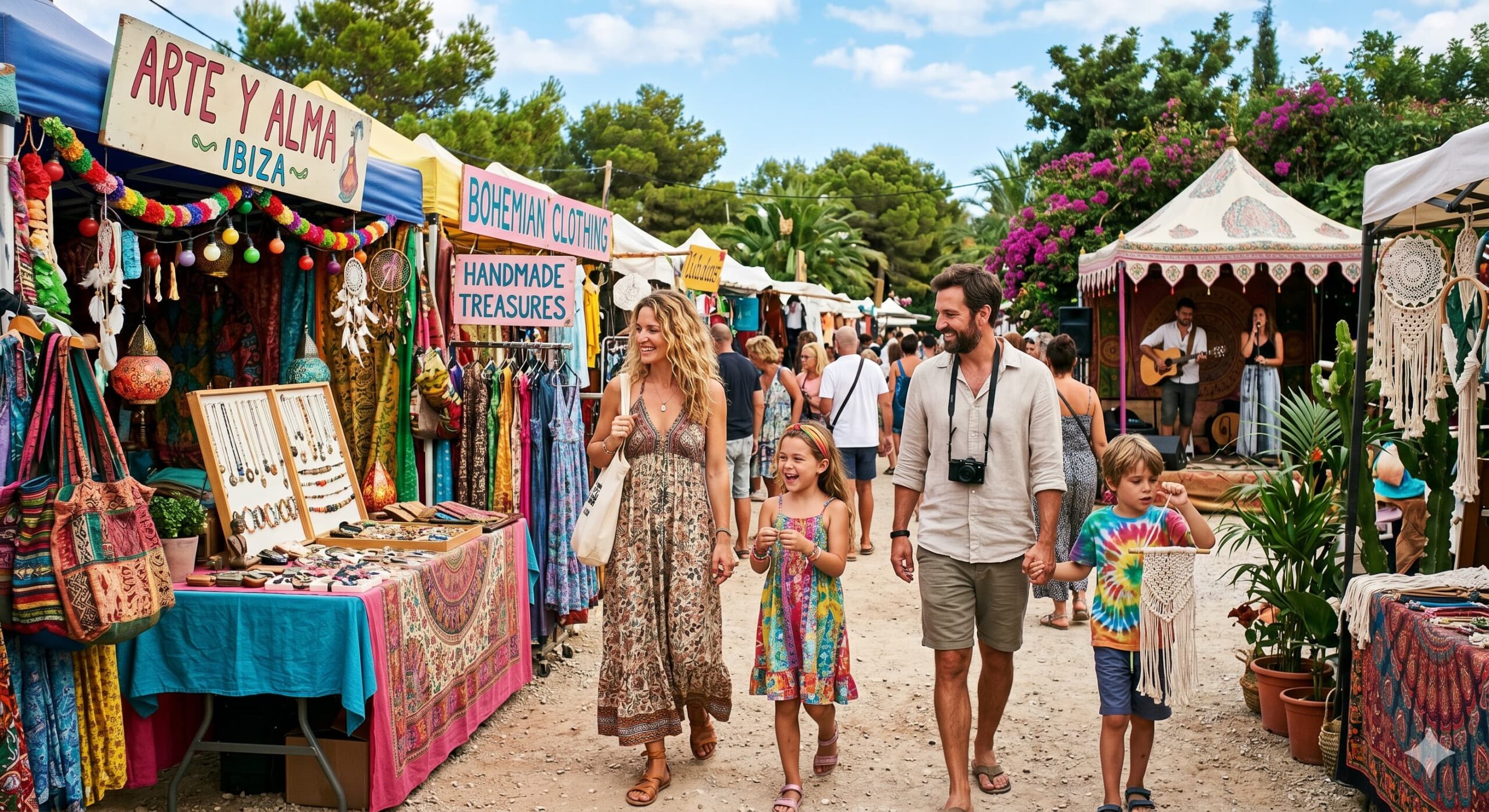 Bunte Stände auf dem Hippie-Markt während eines Familienurlaubs auf Ibiza