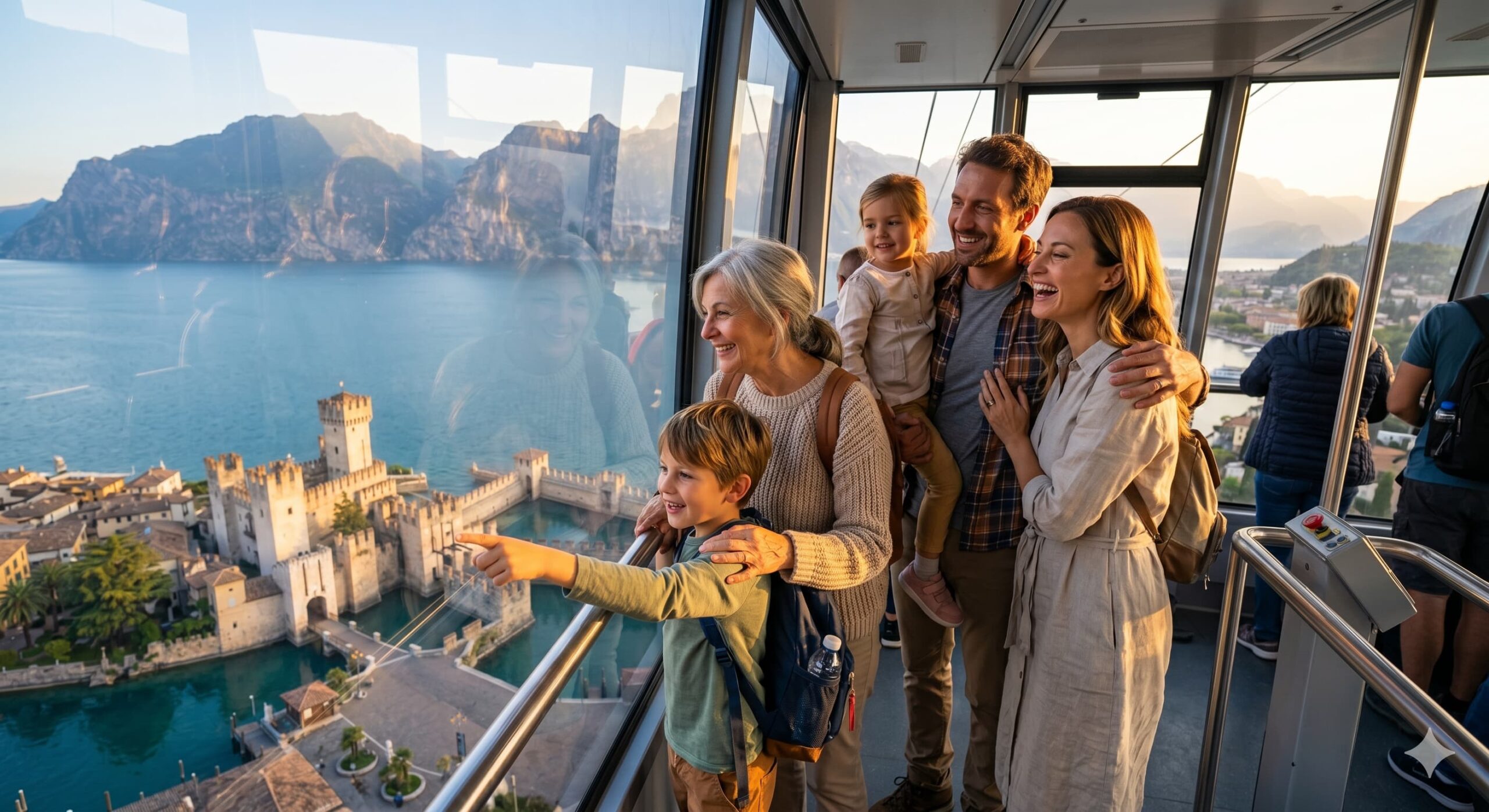 Glückliche Familie beim Blick aus einer Seilbahnkabine auf den Monte Baldo über den Gardasee