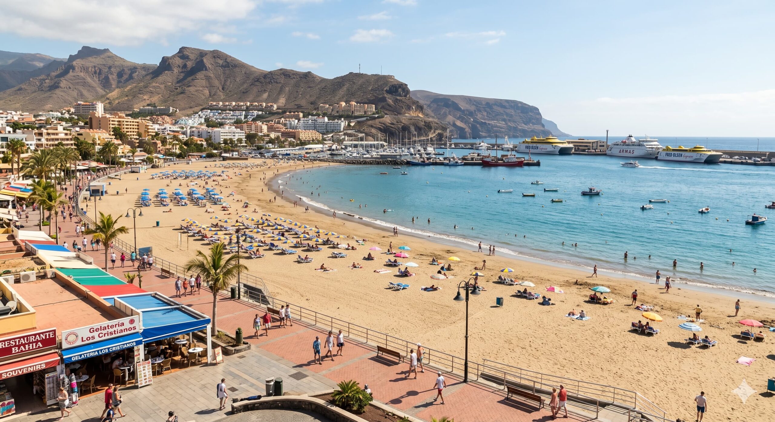 Blick auf den goldenen Sand der Playa de las Teresitas und die bunten Fischerhäuser von San Andrés auf Teneriffa -->
