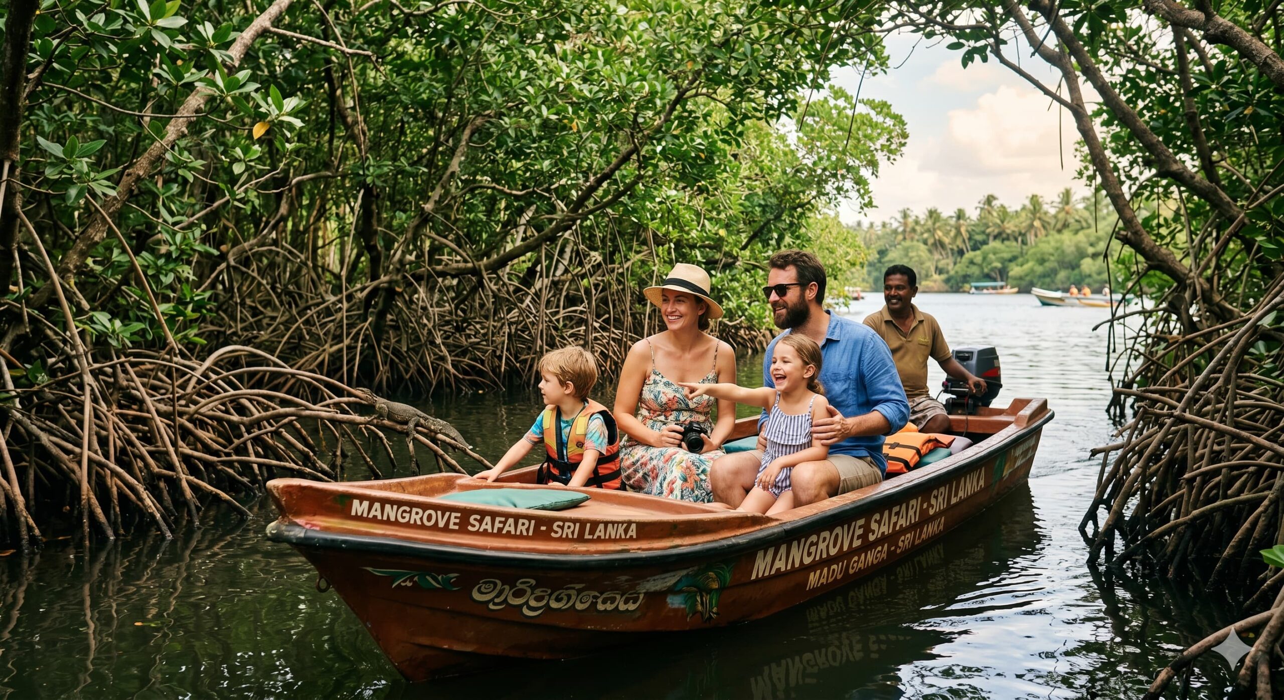 Bootsfahrt durch die Mangroven während des Familienurlaubs in Sri Lanka