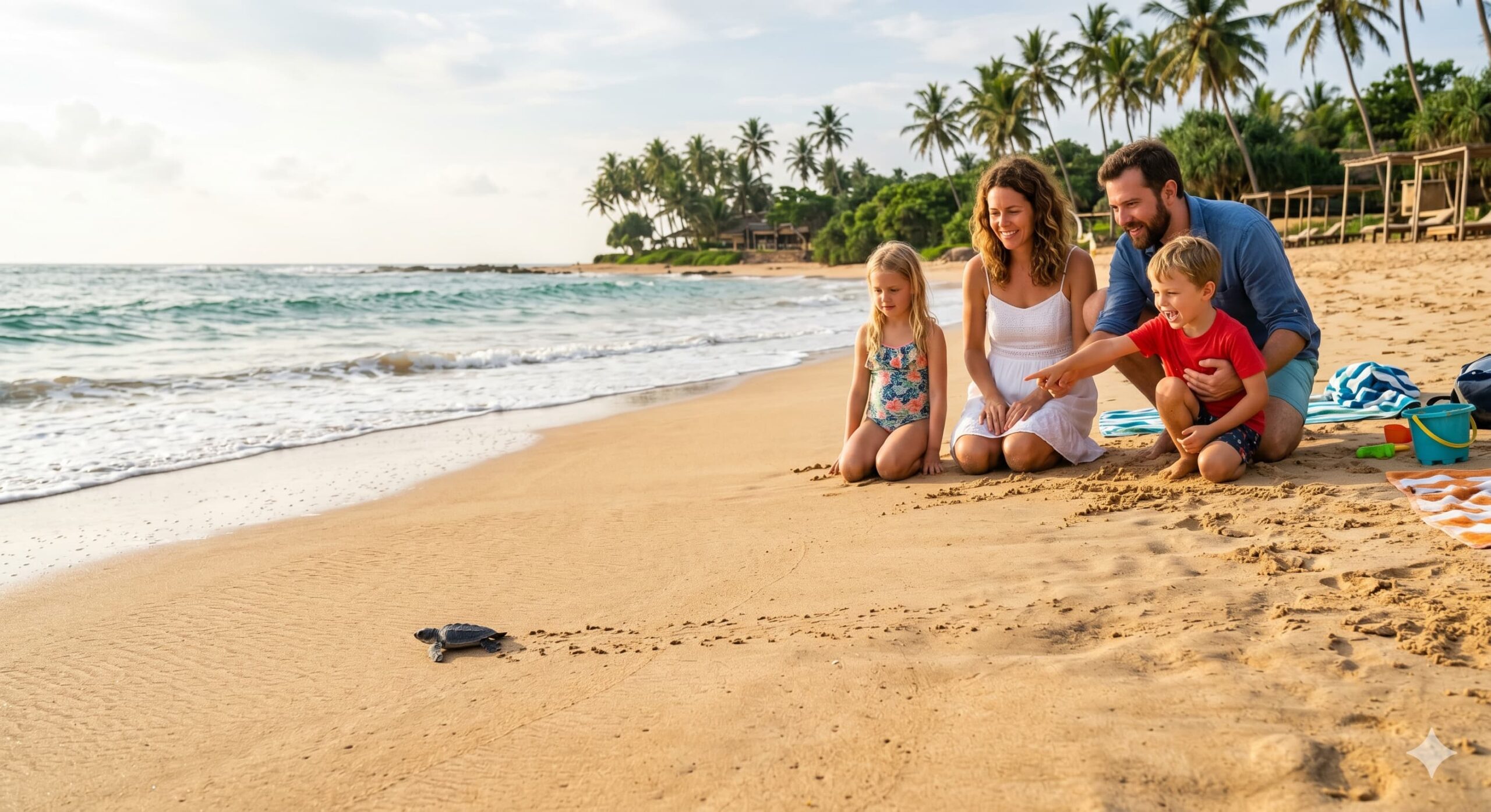 Kleine Meeresschildkröte am Strand während eines Familienurlaubs in Sri Lanka
